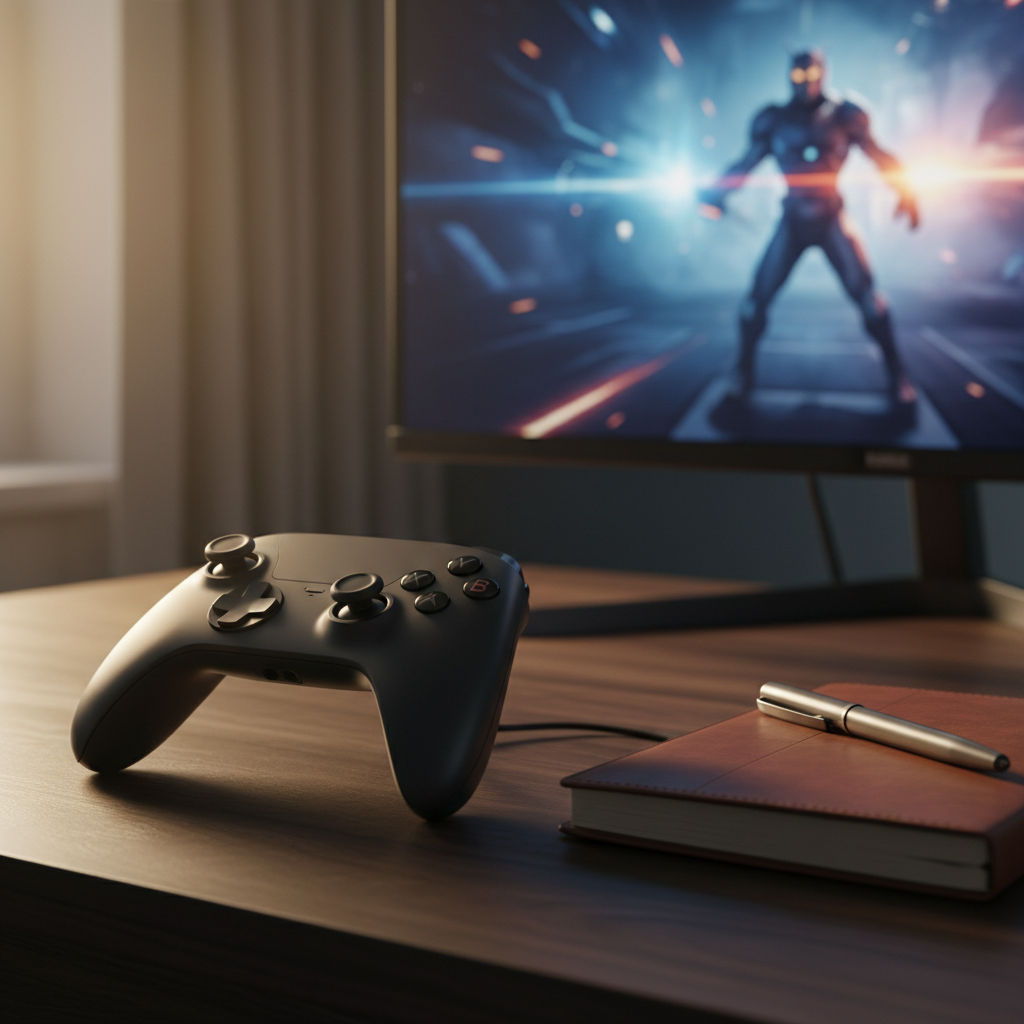 A cinematic close-up of a sleek game controller resting beside a polished, closed notebook and a metal pen on a dark wooden desk, with a thin-bezel monitor in the background showing a blurred, energetic action scene from a stylized video game. Soft golden-hour light streams from the side, catching the subtle texture of the controller’s matte finish and the grain of the wood, while the monitor adds a cool blue accent. Shot at a shallow depth of field, the controller and notebook are in crisp focus, symbolizing the meeting point of creativity, documentation, and player experience. The composition is clean and professional, with a calm yet purposeful mood suited to a seasoned video game producer’s portfolio homepage.