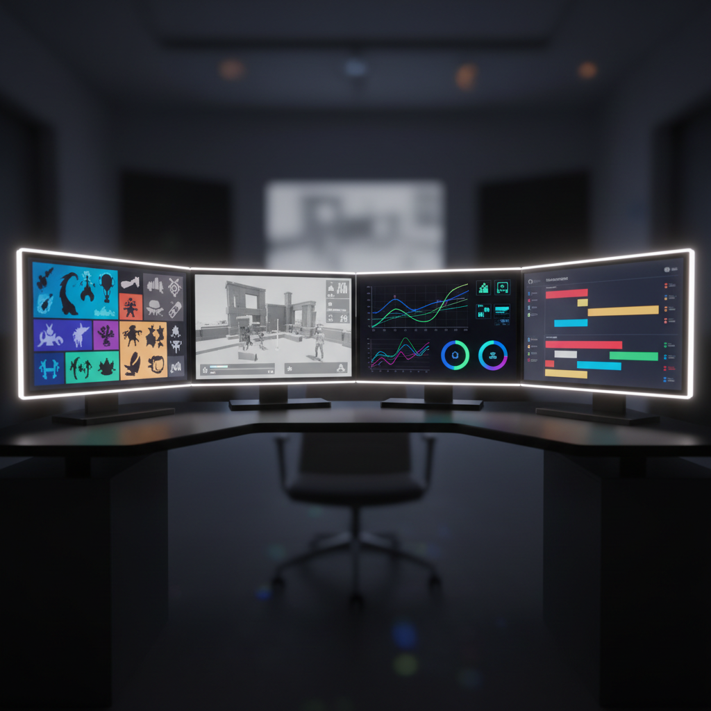 A polished, cinematic scene of multiple screens arranged in a curved arc on a matte black workstation, each display showing a different stage of a video game project: one with a colorful concept art mood board, another with a grey-box prototype level, another with stylized analytics graphs, and another with a production schedule timeline made of colored blocks. No readable text, only icons and bars. The room is dim, illuminated primarily by the rich glow of the displays, creating reflections on the desk and a subtle halo along the monitor edges. Shot from a low, slightly wide angle to emphasize scale and complexity, with a gentle bokeh in the background. The mood is focused and high-end, highlighting Vincent’s ability to oversee multiple aspects of game production simultaneously.
