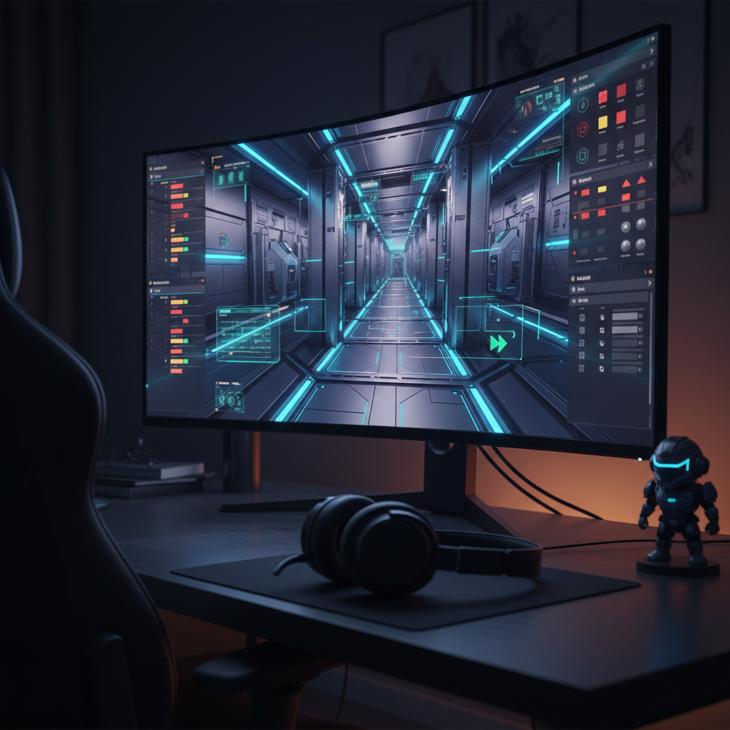 A dramatic, cinematic side view inside a game engine interface on a large, high-resolution monitor, showing a 3D environment mid-production: modular sci-fi corridors, glowing HUD elements, and navigation markers hovering in space. Abstract panels on the sides represent timelines, issue trackers, and asset lists, using icons and colored blocks instead of readable labels. The workspace around the monitor is minimalist and tidy, with a dark desk, noise-cancelling headphones, and a small, stylized figurine of a game character. Cool, focused key lighting from the monitor combines with a subtle warm backlight, creating a balanced, high-contrast atmosphere. Captured at eye level with a cinematic depth of field, the scene conveys the technical oversight and creative coordination of a video game producer supervising a complex build.