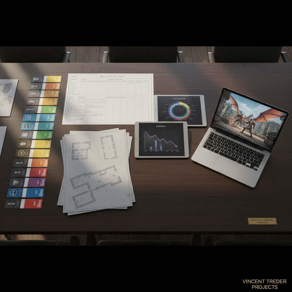 An elegant, cinematic overhead view of a large dark-wood table covered in neatly arranged video game production materials: color-coded milestone cards, stacked grey-box level layout sketches, printed feature priority boards, and sleek tablets displaying stylized dashboards and burndown charts without legible text. Beside them, a high-end laptop shows a vibrant game build paused in a dramatic action scene. Soft, diffused daylight pours in from an unseen window, creating long, calm shadows and gentle highlights on the paper textures and metal edges. The composition follows a clean rule-of-thirds layout, with sharp focus across the frame. The mood is deliberate and professional, suggesting careful planning, scheduling, and coordination behind each of Vincent Treder’s shipped projects.