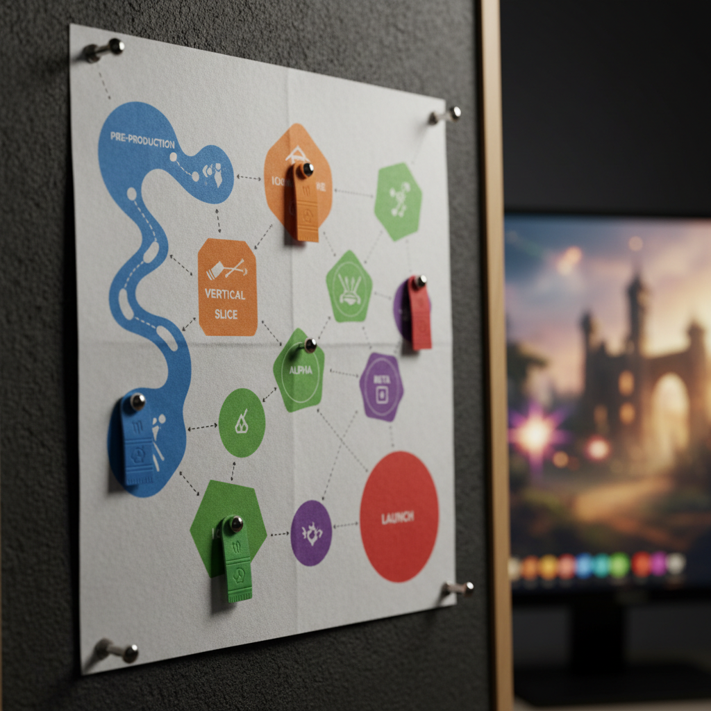 A detailed, cinematic macro shot of a printed video game production roadmap pinned to a dark corkboard, featuring interconnected pathways of colored shapes representing pre-production, vertical slice, alpha, beta, and launch phases, all without readable text. Small metallic pins and color-coded tags add tactile realism. In the blurred background, a monitor glows with a vibrant, partially obscured fantasy game scene. Soft studio lighting from above creates gentle shadows around the pins and a sense of depth across the paper’s subtle texture. Framed off-center using the rule of thirds and a very shallow depth of field, the image feels analytical yet creative, perfectly illustrating the structured planning behind Vincent Treder’s shipped titles.