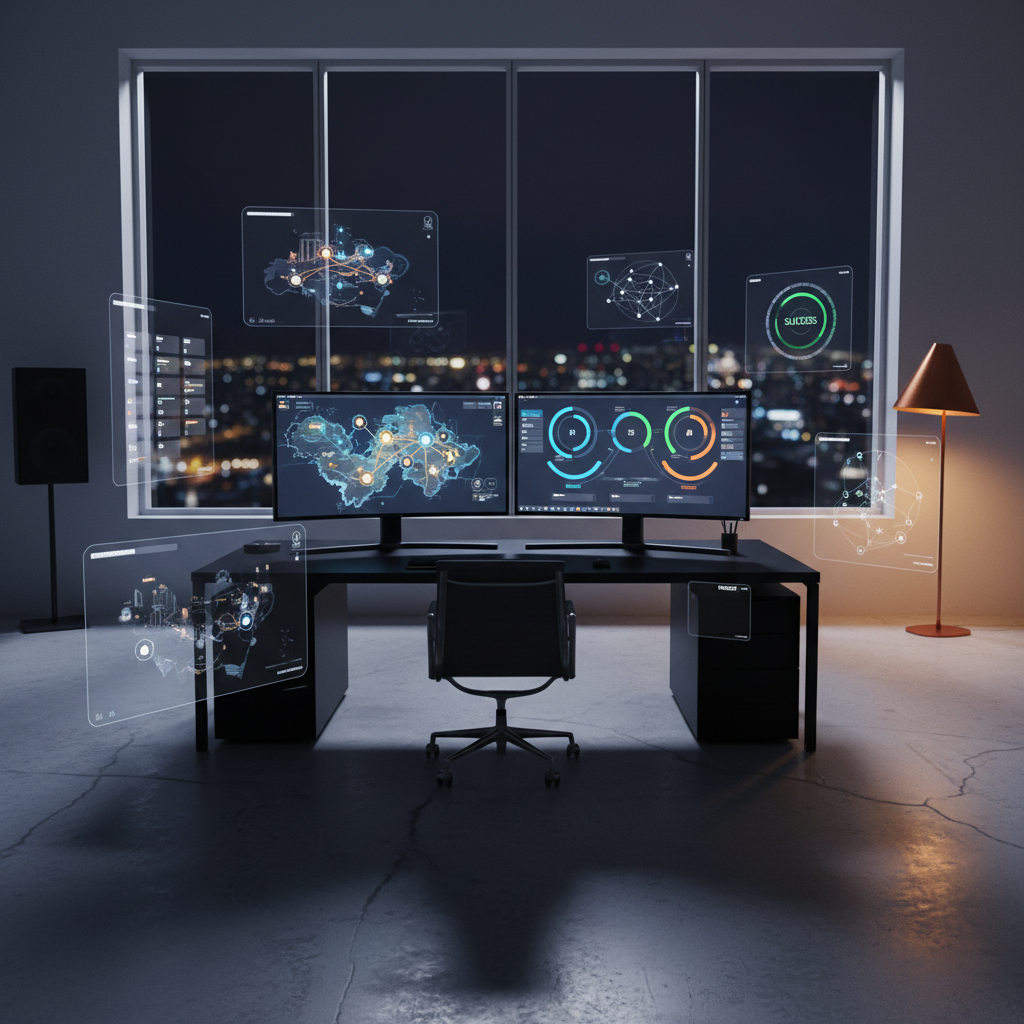 A wide, cinematic establishing shot of a minimalist game studio workspace at night, seen from a slightly elevated angle. A central desk holds dual monitors: one shows a stylized game world map with quest nodes, the other an abstract project dashboard with colored milestones and progress arcs instead of readable text. Around the room, floating holographic-style UI elements are composited into the air, representing task boards, build status, and feedback loops. The lighting is moody and dramatic, with cool blue light from the screens contrasted by a single warm floor lamp in the corner, creating layered shadows and depth. The mood is intense but controlled, evoking late-stage production where Vincent’s experience keeps complex projects on track.